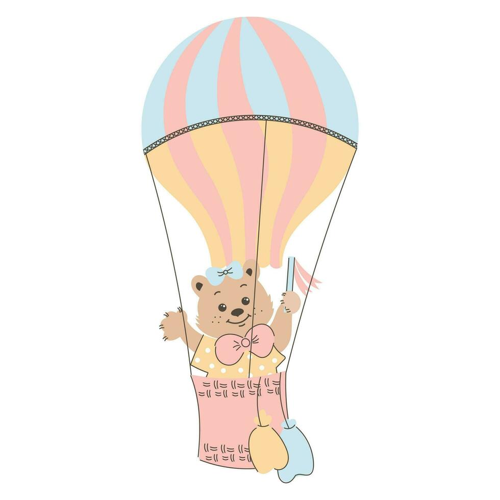 Cute cartoon teddy bear flies in a hot air balloon. Children's illustration, card, print, vector
