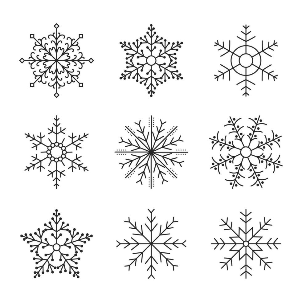 Set of hand drawn silhouettes of snowflakes on a white background. Winter design elements, vector