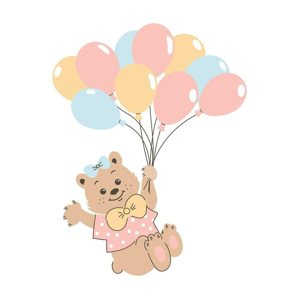 Cute cartoon teddy bear flies on balloons. Children's illustration, card, print, vector