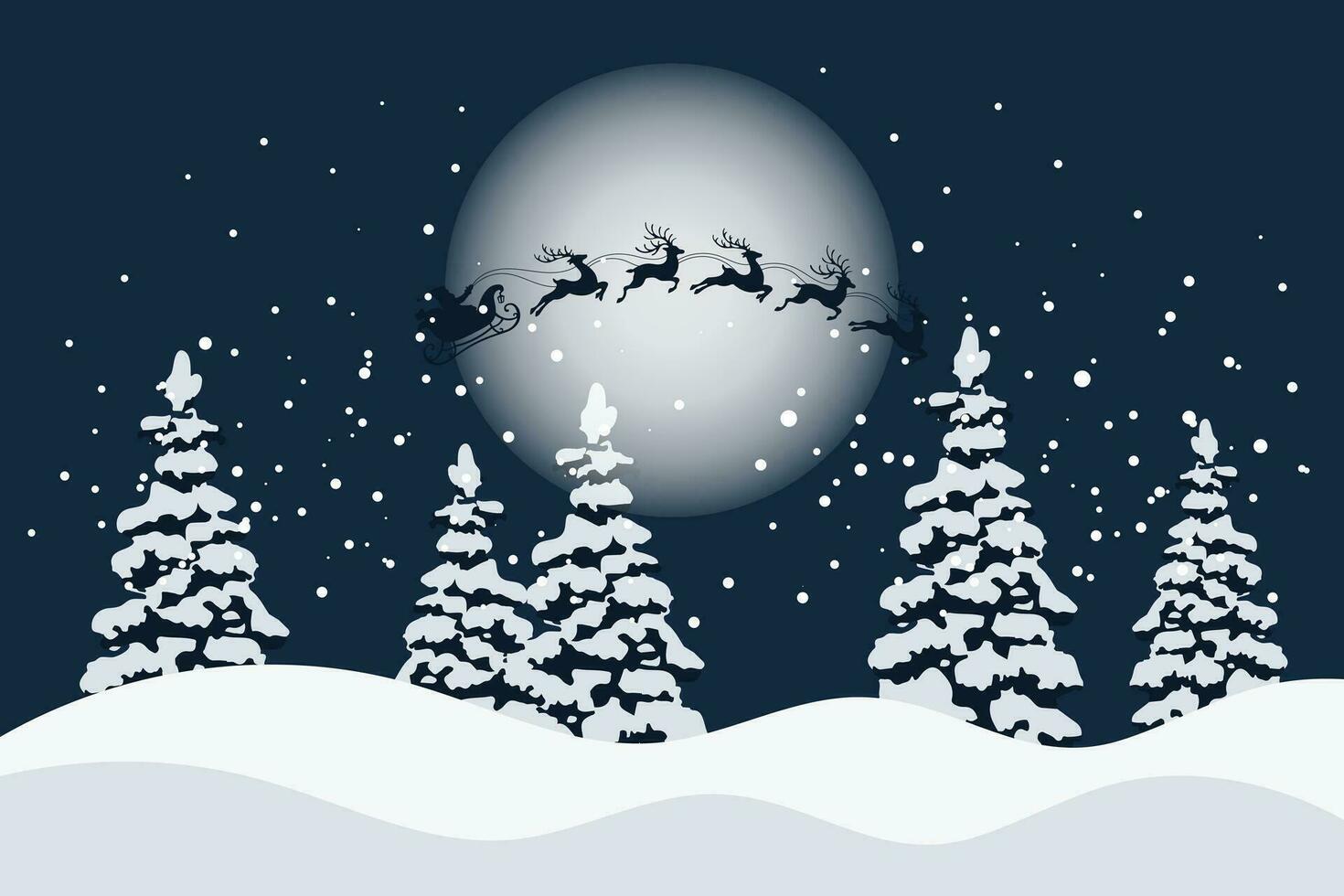 Santa on a sleigh with reindeers in the sky with the moon, winter landscape with fir trees, silhouette. Christmas illustration, vector