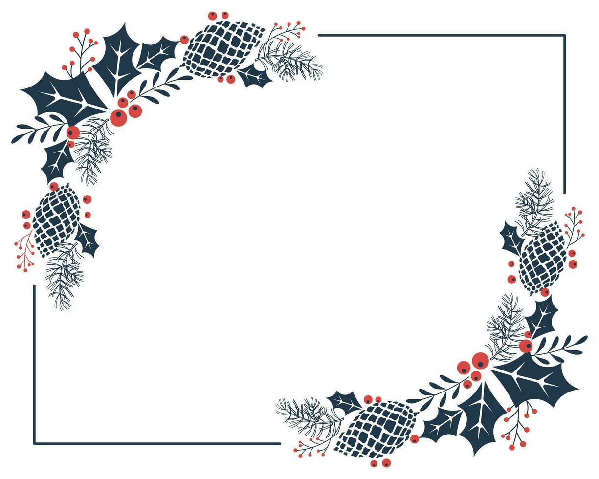 Navidad marco con pino conos, bayas y acebo hojas en un blanco antecedentes. Navidad guirnalda, vector