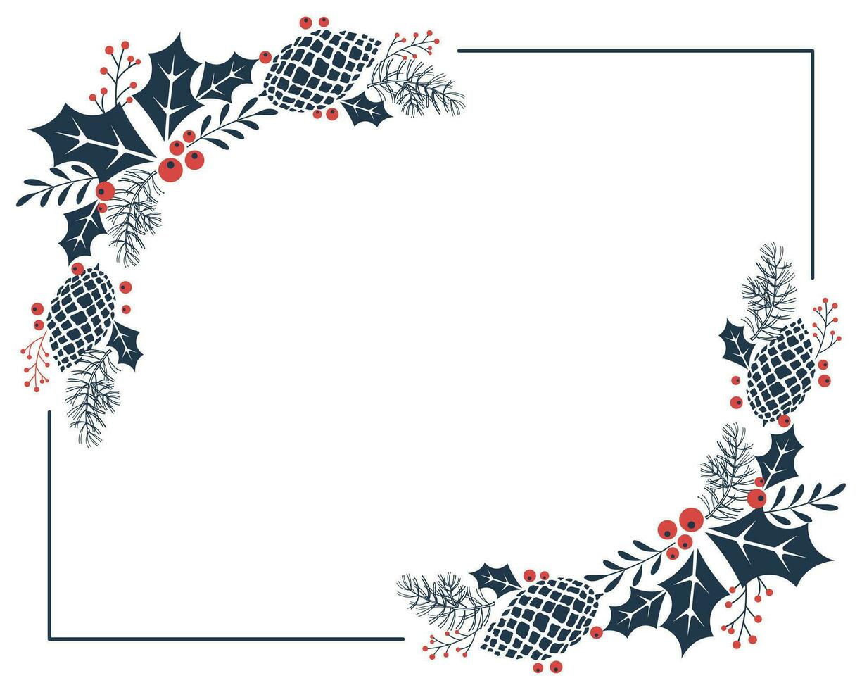Christmas frame with pine cones, berries and holly leaves on a white background. Christmas wreath, vector