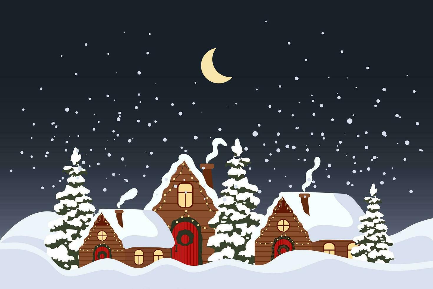 invierno paisaje con linda casas y noche cielo con Luna. alegre Navidad saludo tarjeta modelo. ilustración en plano estilo. vector
