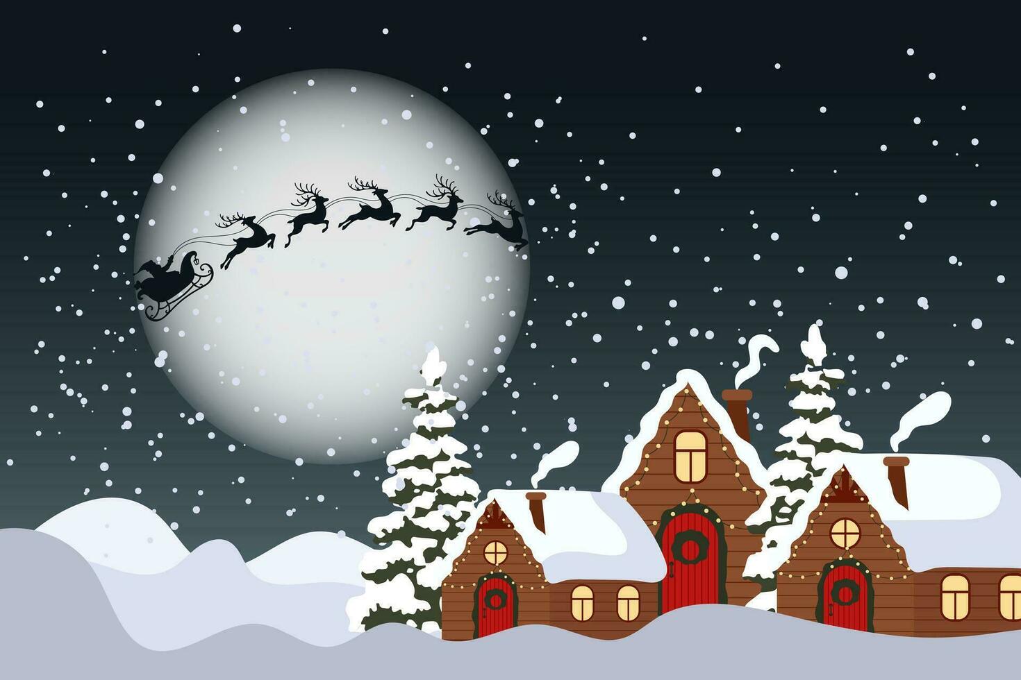 invierno paisaje con linda casas, Papa Noel en su trineo con renos y el noche cielo. alegre Navidad saludo tarjeta modelo. ilustración en plano estilo. vector