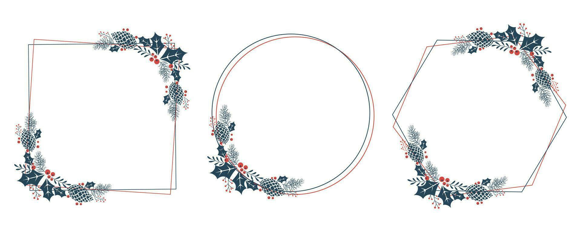 Set of Christmas frames with pine cones, berries and holly leaves on a white background. Christmas wreaths, vector