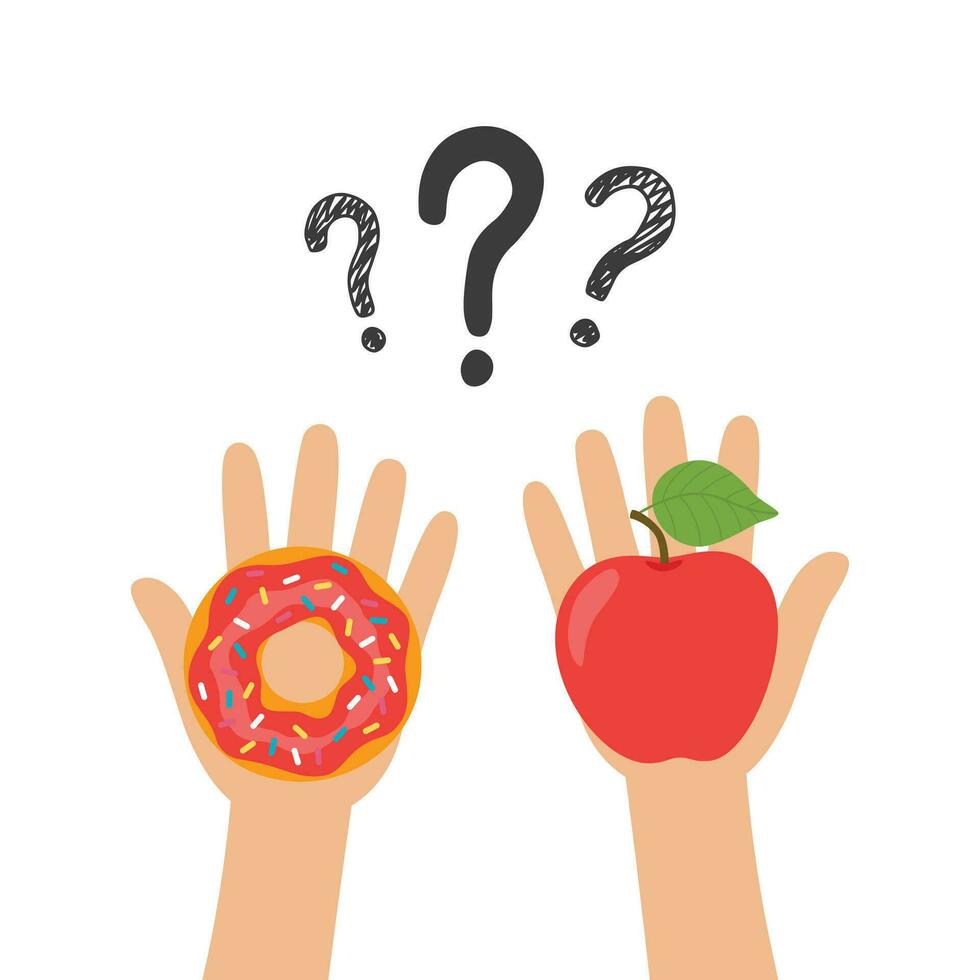 manos son participación un manzana y un rosquilla. concepto ilustración de elección Entre sano comida y rápido alimento. vector