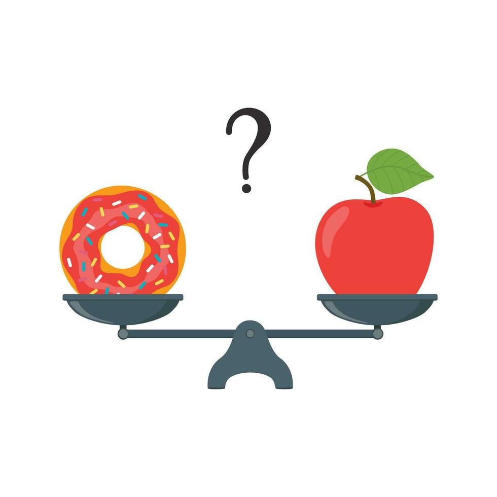 Apple and doughnut on scales. Diet concept. Healthy and unhealthy food. Weight loss, healthy lifestyle, proper nutrition. vector