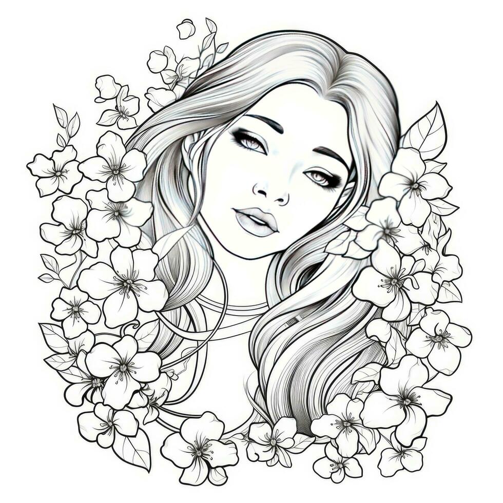 AI generated A girl on a coloring book page with Jasmine flowers. AI Generated photo