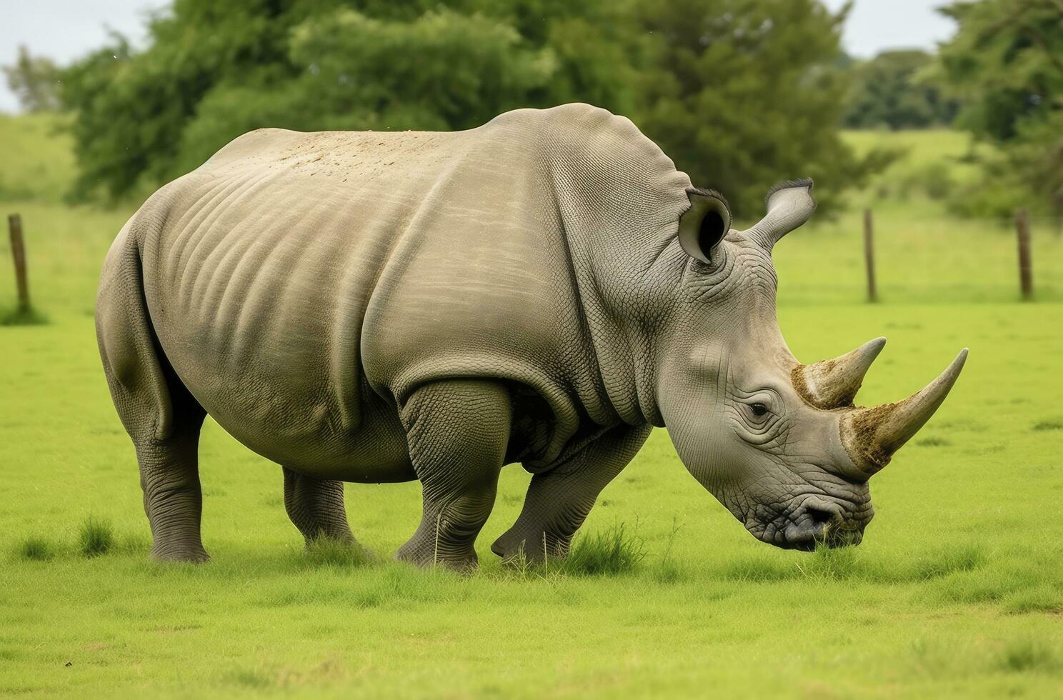 AI generated White Rhino grazing. AI Generated photo