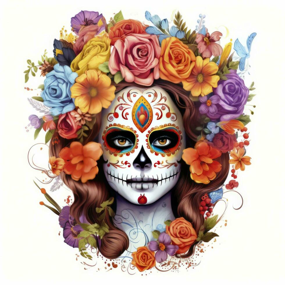 AI generated Woman sugar skull with beautiful colored flowers on white background. AI Generated photo