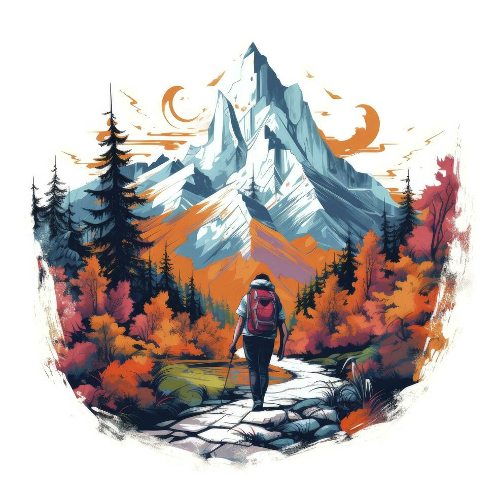 AI generated Vibrant colors wilderness hiking scene for t-shirt. AI Generated photo