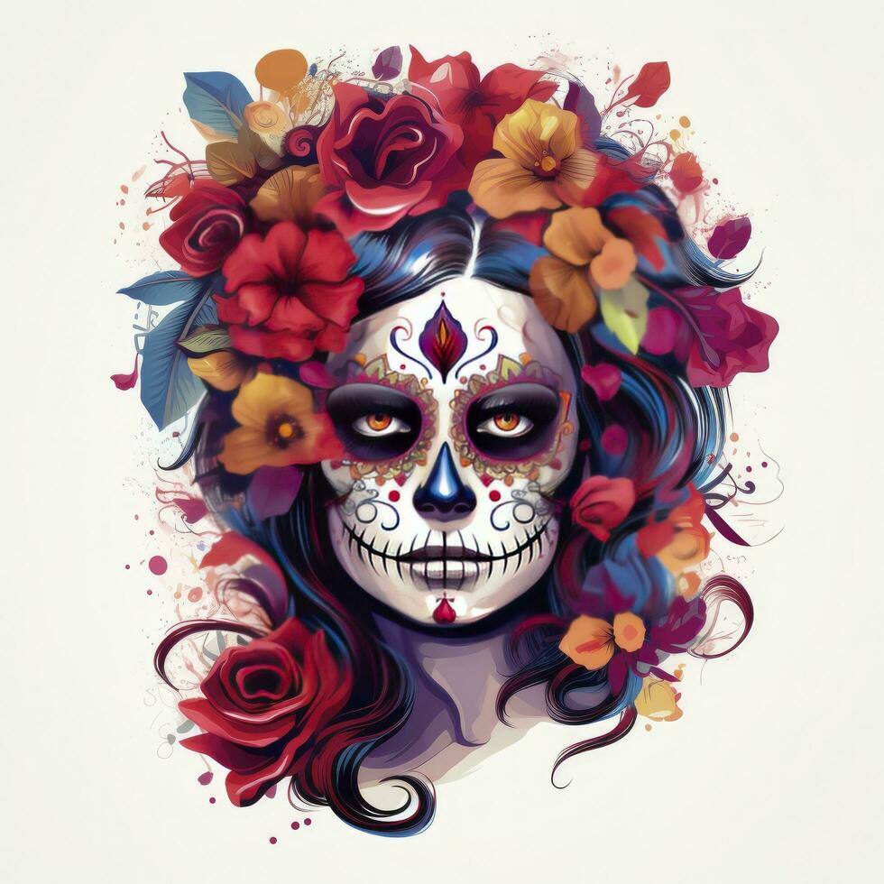 AI generated Woman sugar skull with beautiful colored flowers on white background. AI Generated photo