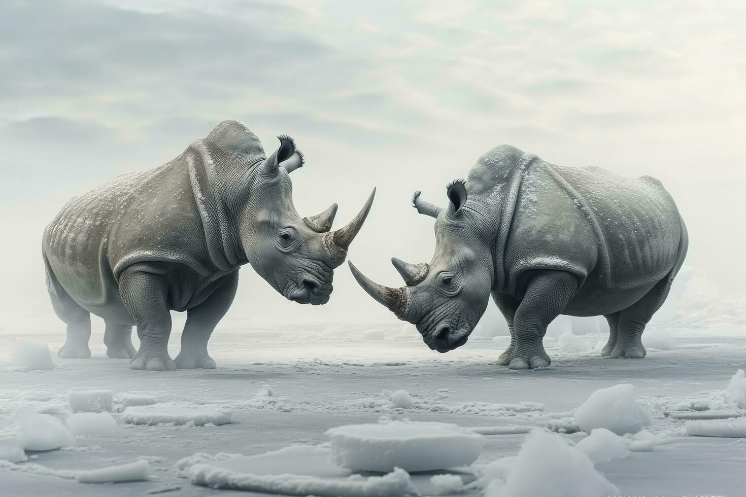 ai generado dos rinoceronte consiguiendo Listo para lucha en hielo. ai generado foto