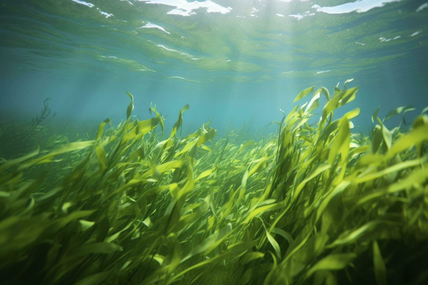AI generated Underwater view of a group of seabed with green seagrass. AI Generated photo