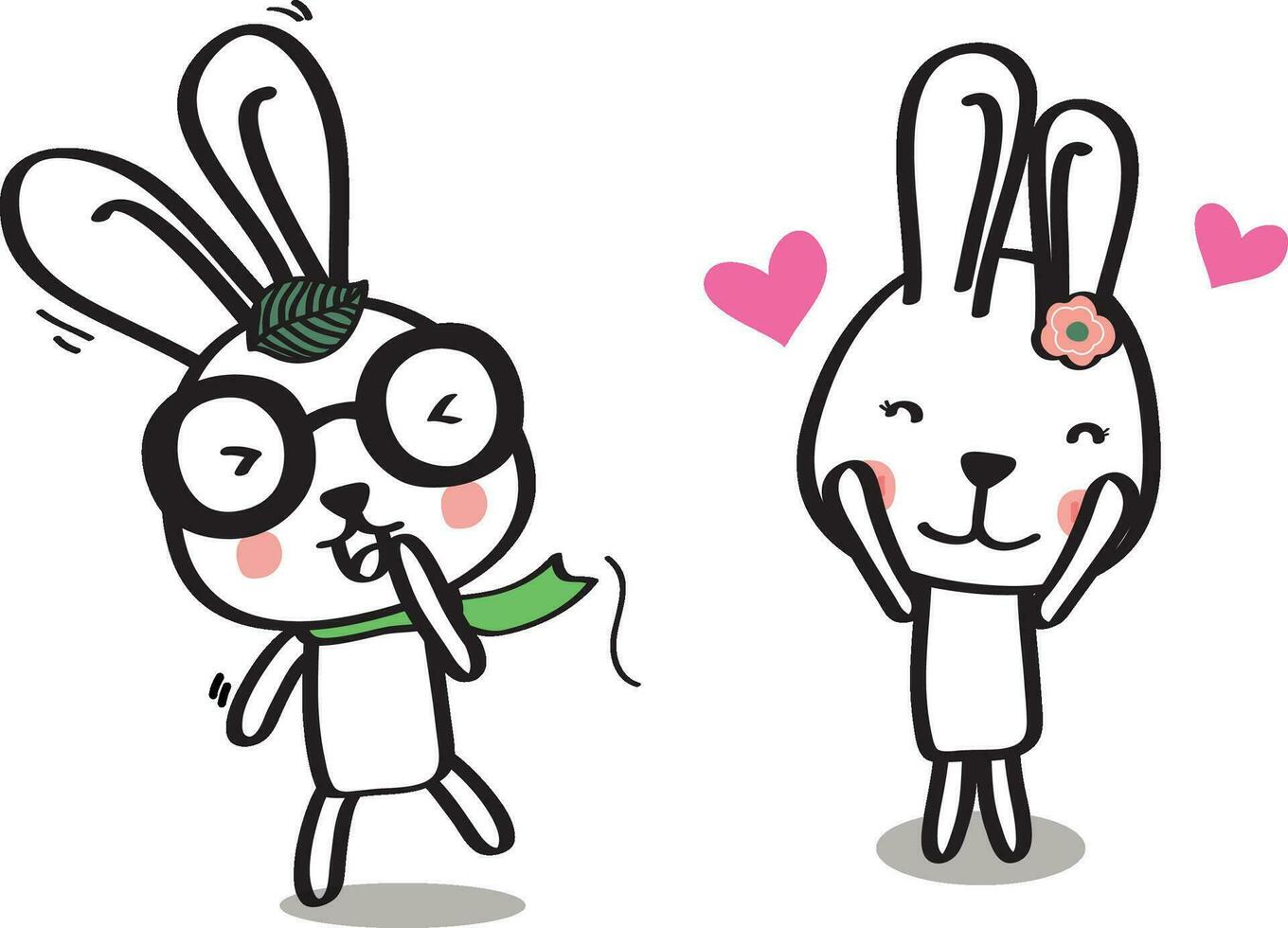 Set of sweet and cute white bunny rabbits boy and girl. Rabbit cartoon vector collection.