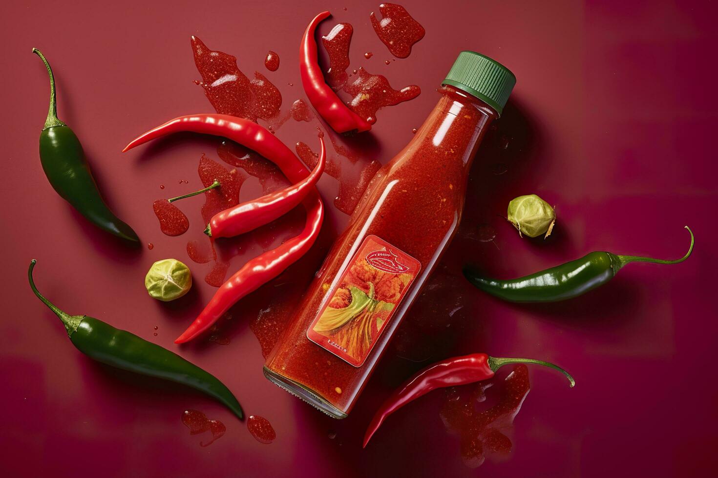 AI generated Tabasco hot pepper sauce with red chili pepper, flat lay. Generative AI photo
