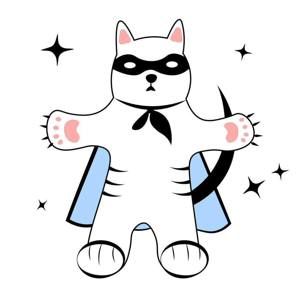 Cat superhero in cape and mask on white background vector