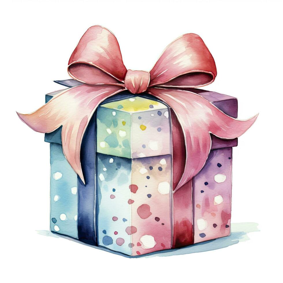 AI generated Watercolor birthday present with bow isolated on white background.  AI Generated photo