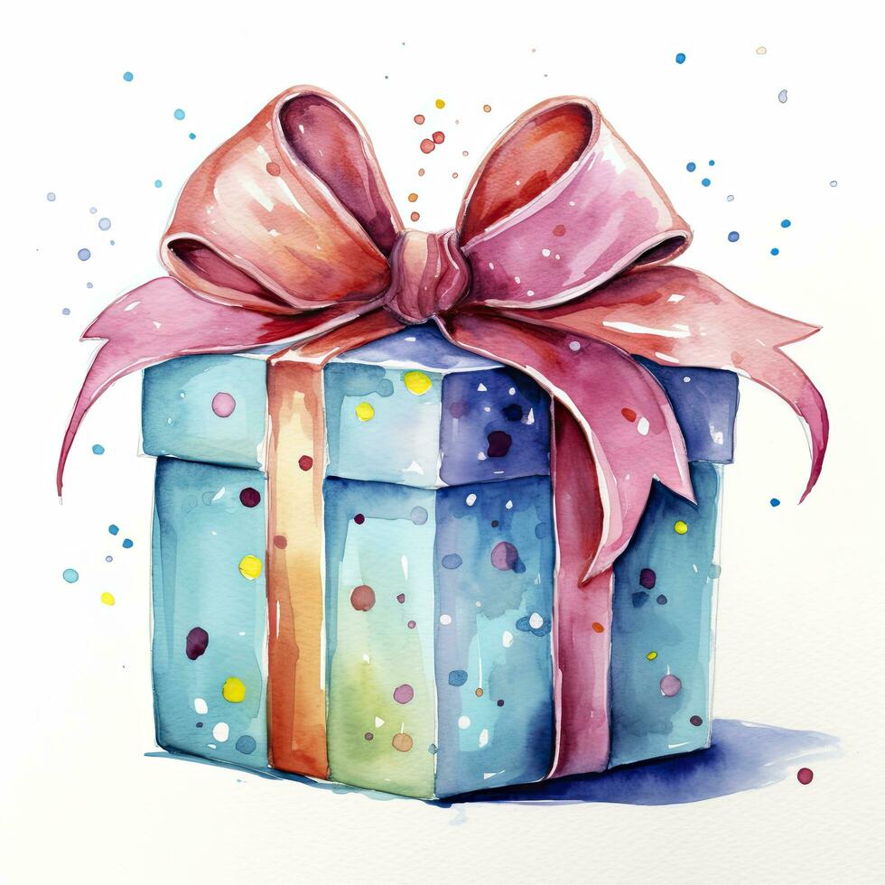 AI generated Watercolor birthday present with bow isolated on white background.  AI Generated photo