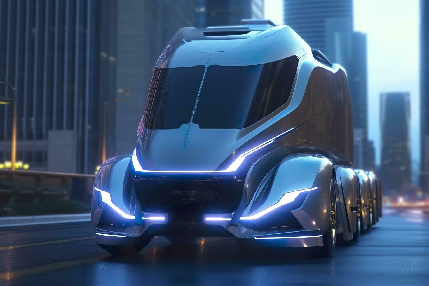 AI generated 23rd Century Futuristic Truck with Hyper Modern Drive, Wide Angle Lens, and Futuristic Skyscraper in the Background. AI Generative photo