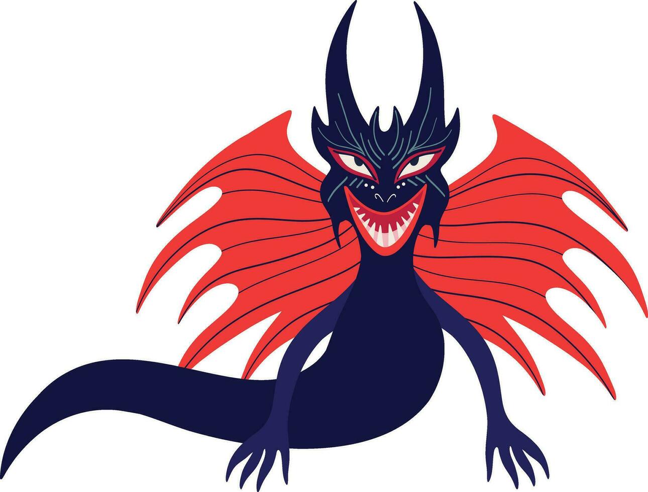 Funky creepy blue dragon. Illustration in childish hand drawn style vector
