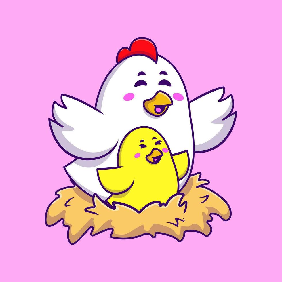 Cute Chicken With Chick On Nest Cartoon Vector Icons Illustration. Flat Cartoon Concept. Suitable for any creative project.