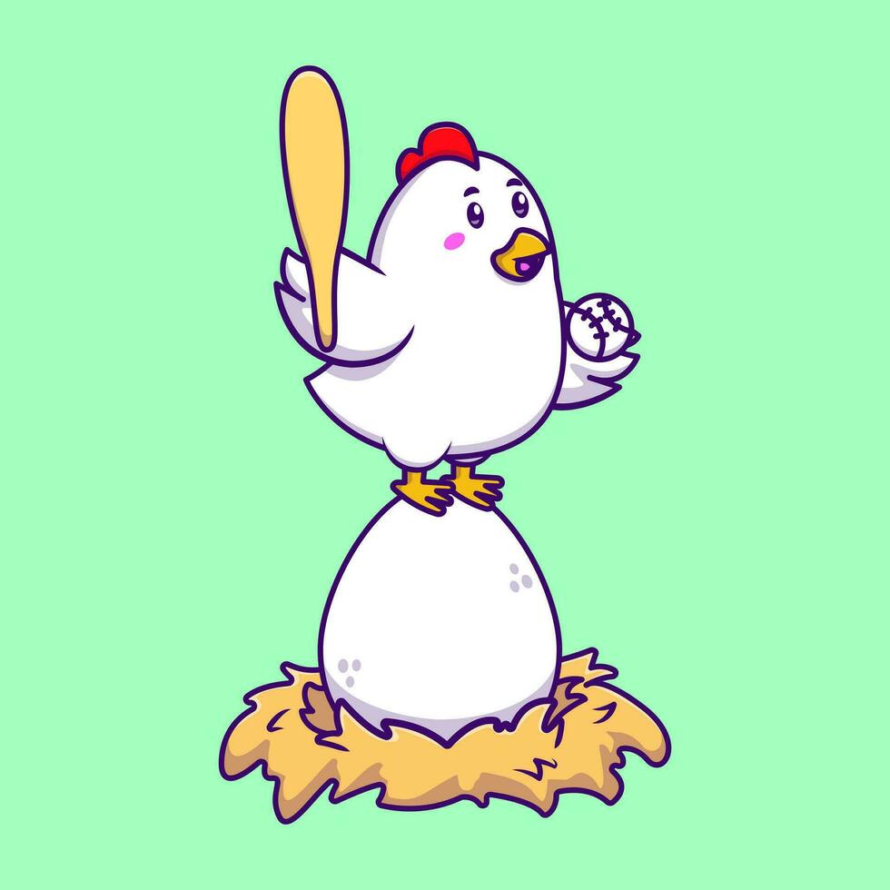 Cute Chicken Baseball On Nest Cartoon Vector Icons Illustration. Flat Cartoon Concept. Suitable for any creative project.