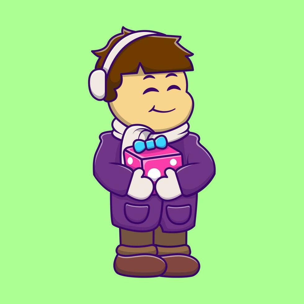 Cute Winter Boy Holding Gift Box Cartoon Vector Icons Illustration. Flat Cartoon Concept. Suitable for any creative project.