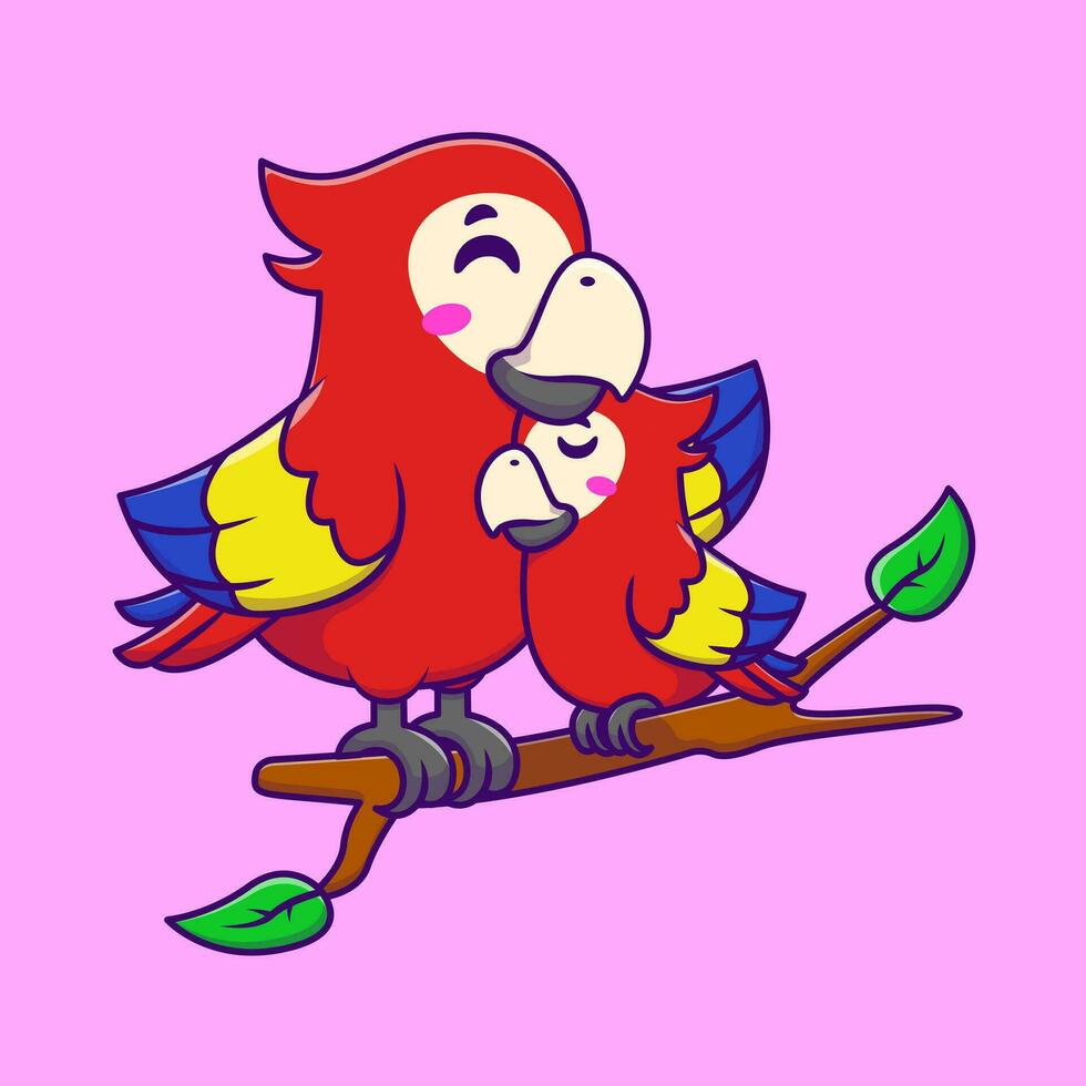 linda guacamayo pájaro con bebé guacamayo pájaro en pie en rama dibujos animados vector íconos ilustración. plano dibujos animados concepto. adecuado para ninguna creativo proyecto.