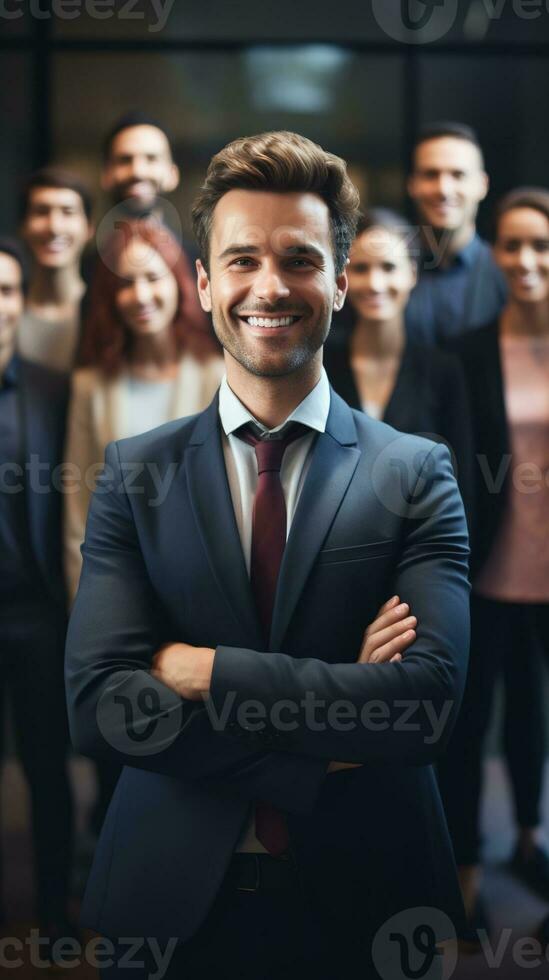 AI generated Professional Man in front of Blurred Background with Other Employees, Best Candidate Concept photo