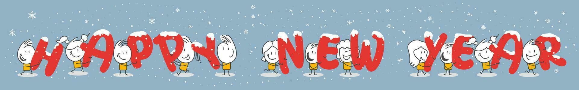 Stick figures. Happy new year. Hand drawn doodle line art cartoon design character. vector