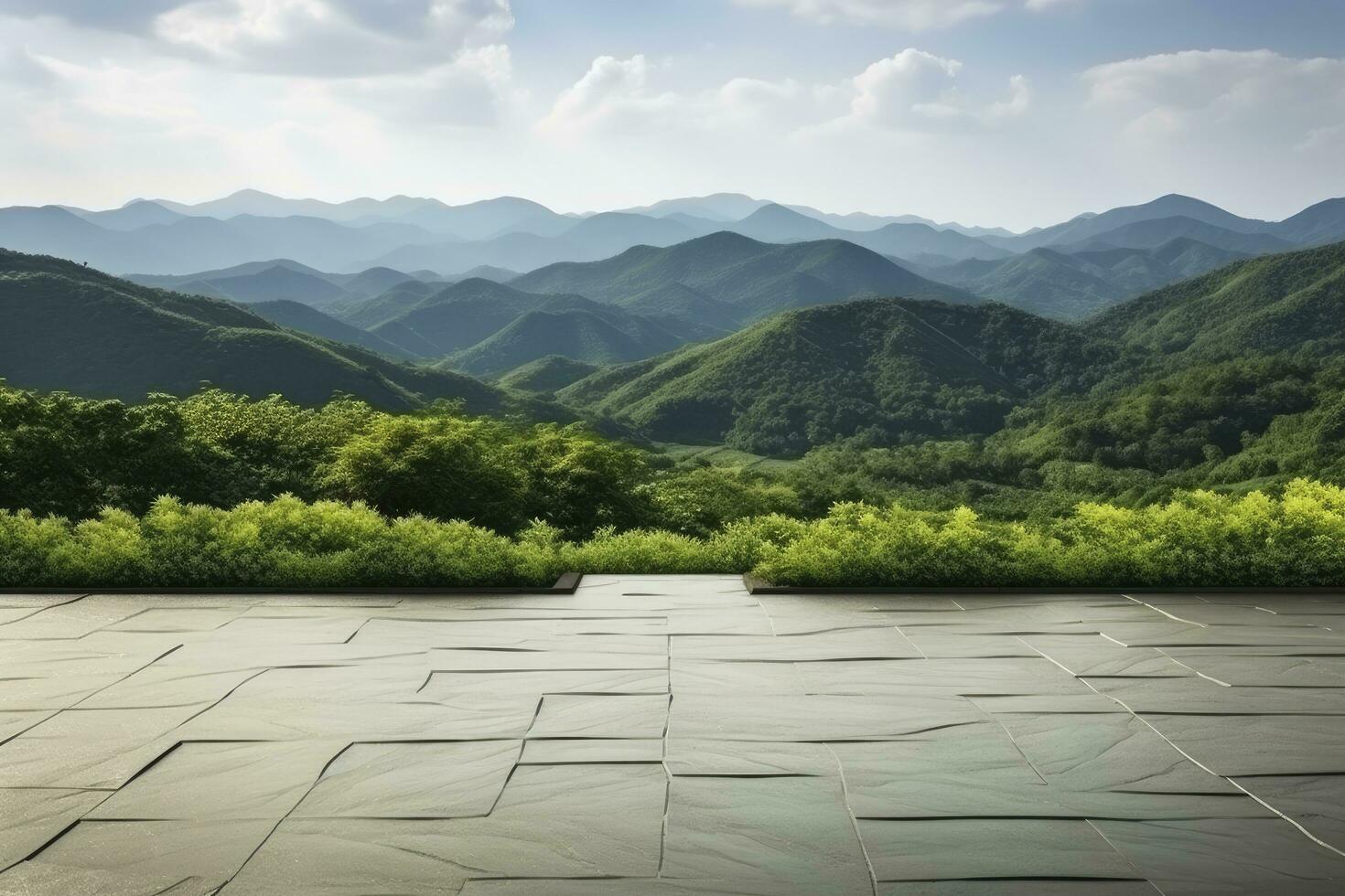 AI generated Square floor and green mountain nature landscape. AI Generated. photo