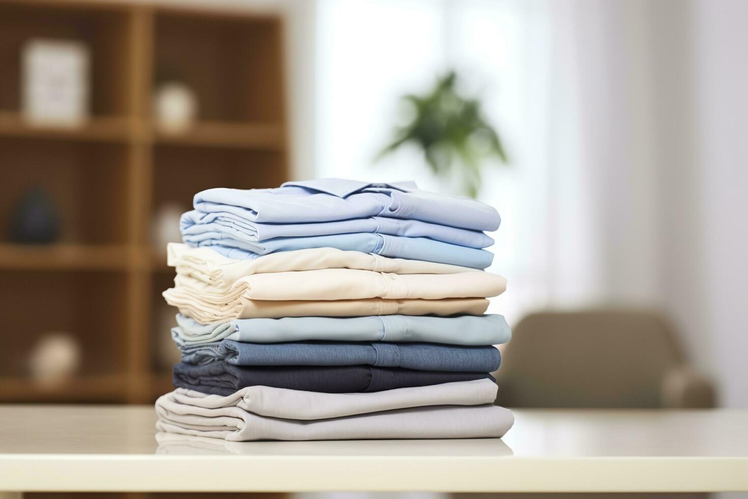 AI generated Stack of clean clothes on table in room. Generative AI photo