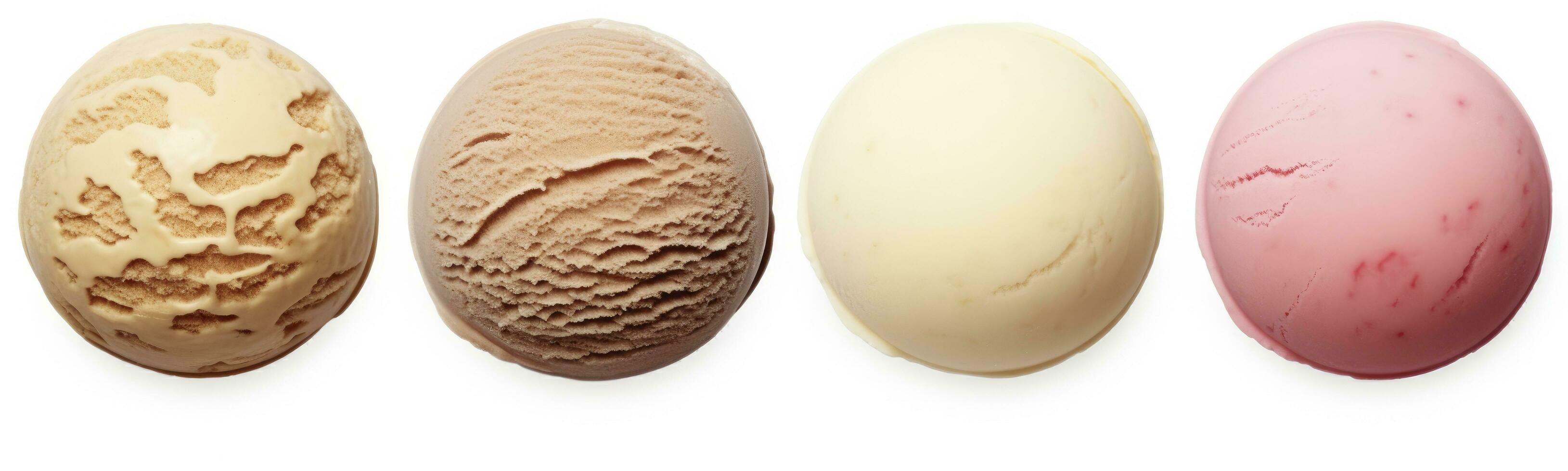 AI generated Set of four various ice cream balls or scoops isolated on white background. AI Generated photo
