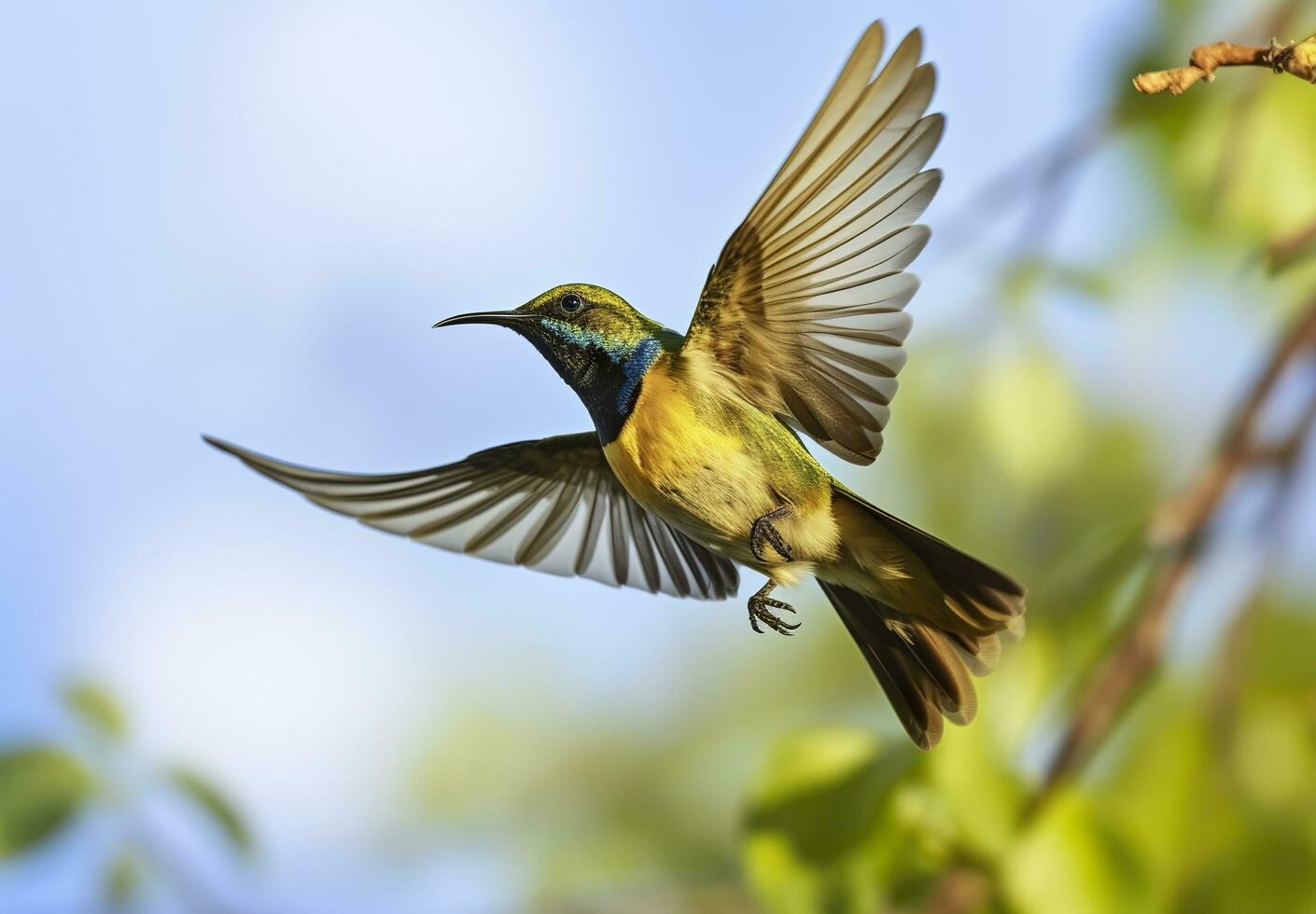 ai generado aceituna Respaldados pájaro sol, amarillo vientre Sunbird volador en el brillante cielo. generativo ai foto