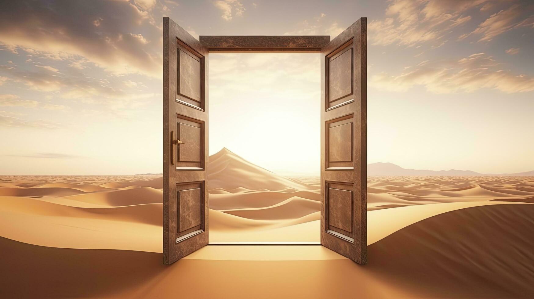 ai generado el abrió puerta en el desierto. desconocido y comienzo arriba concepto. ai generado. foto