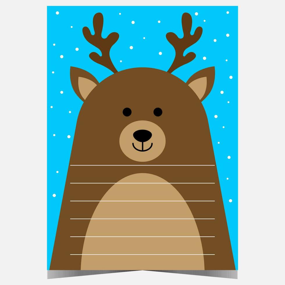 Christmas postcard or mail with wish list to Santa Claus with funny deer cartoon character in the background. Letter template for kids with empty space to write greetings for the winter holidays. vector