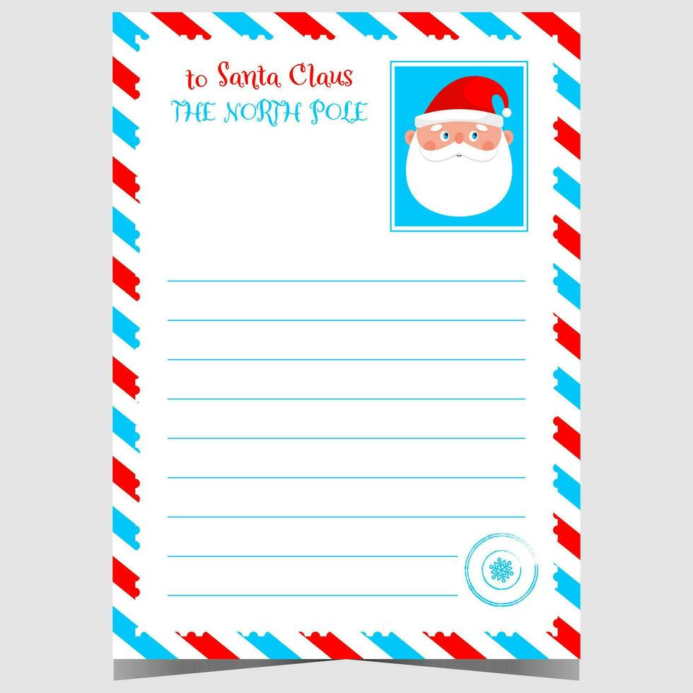 Christmas wish list for children to fill out and send to Santa Claus at the North Pole. Blank Christmas letter or postcard template with Santa portrait and classic air mail frame. vector