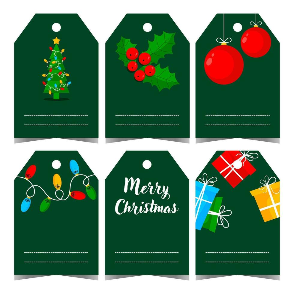 Tag, label or tab for Christmas gift box to tie it up and leave a greeting message or sign the present. Set of blank Christmas badges with traditional holiday elements and decorations. vector