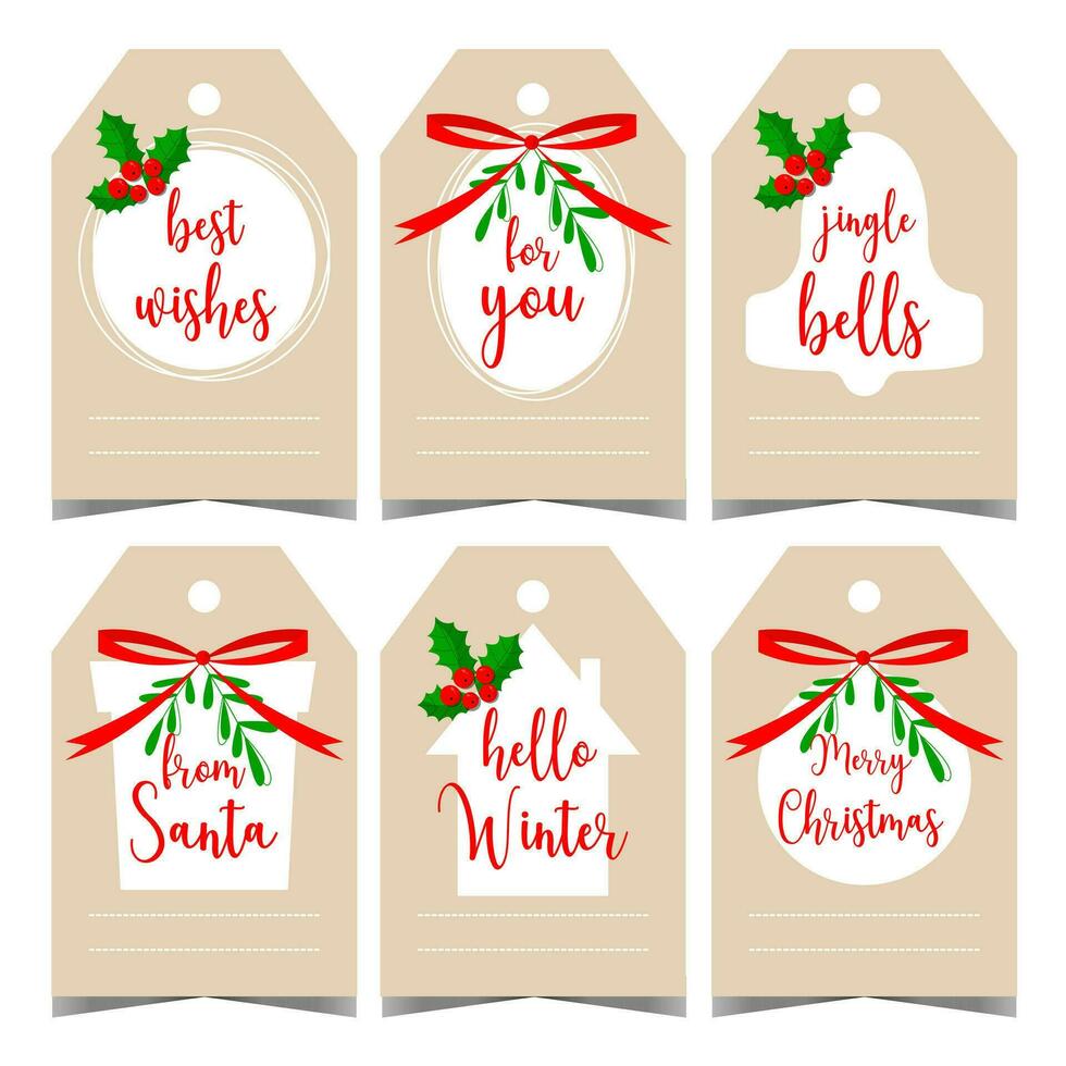 Gift tag or label for Christmas presents to tie it out and sign or write a congratulatory message. Traditional Christmas gift badge, tab or sticker with holiday decorations. vector