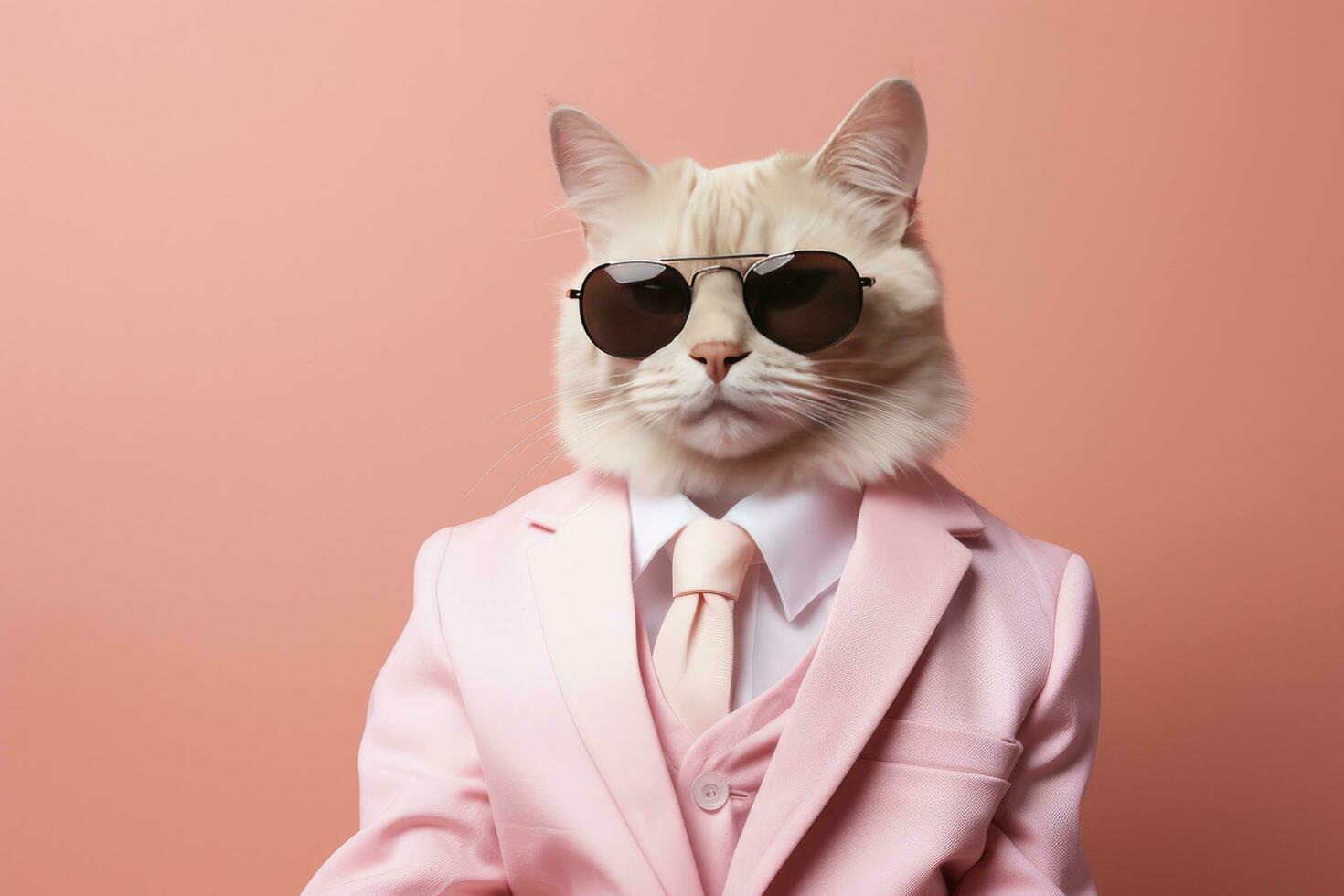 AI generated A cat is wearing sunglasses and suit on Pink Background. AI Generated photo