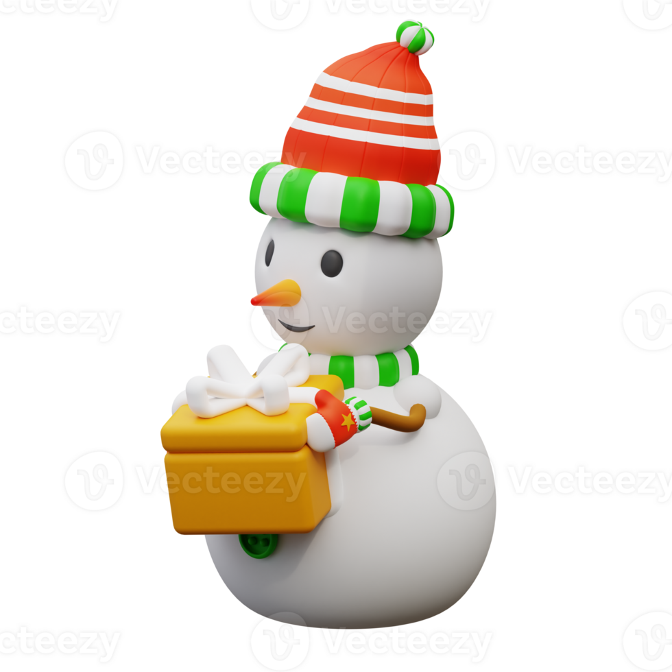 3d illustration snowman holding a gift box png