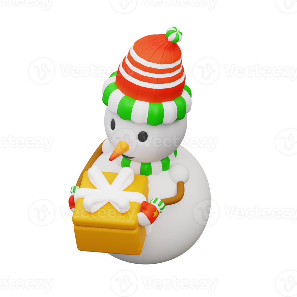 3d illustration snowman holding a gift box png