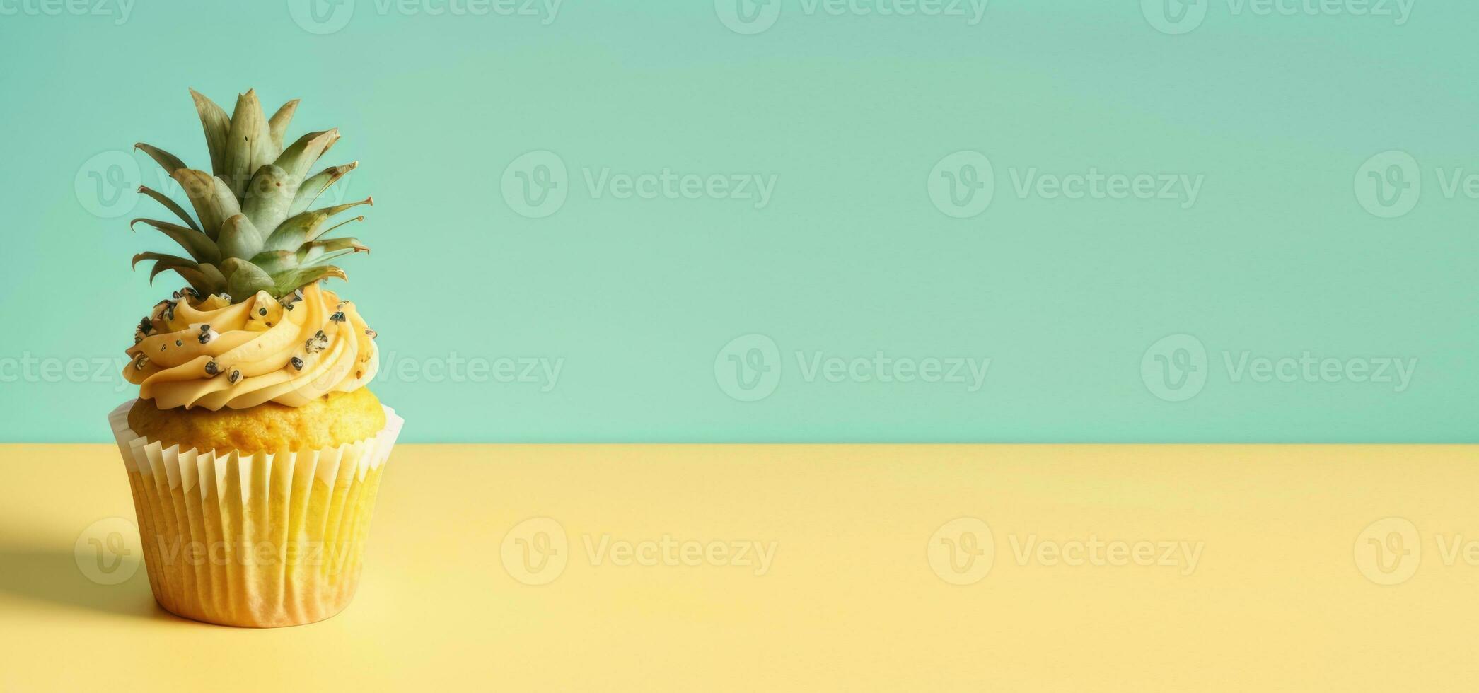 AI generated horizontal banner, pineapple cupcake, tropical fruits, unusual presentation, bright background, fruit pastries, place for text photo