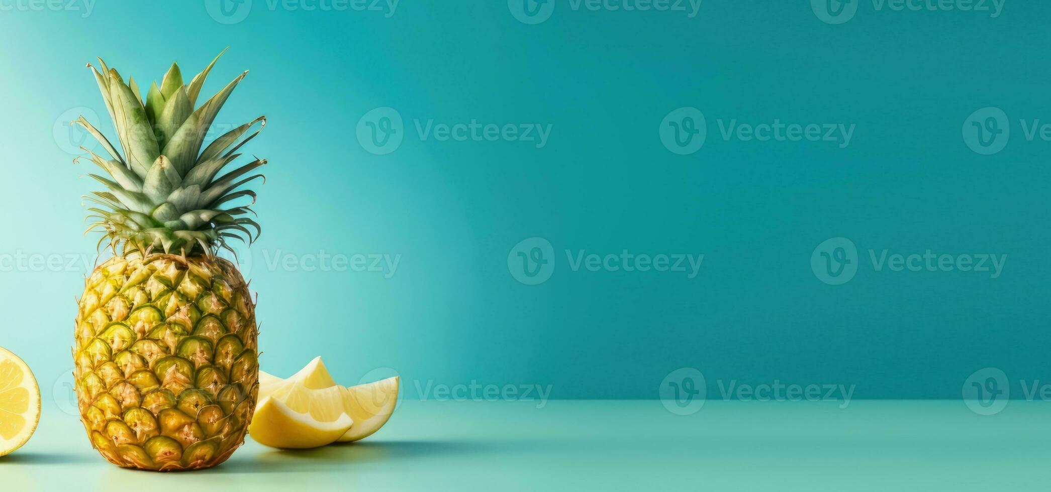 AI generated pineapple, orange slices, tropical fruits, bright background, banner, poster, place for text photo