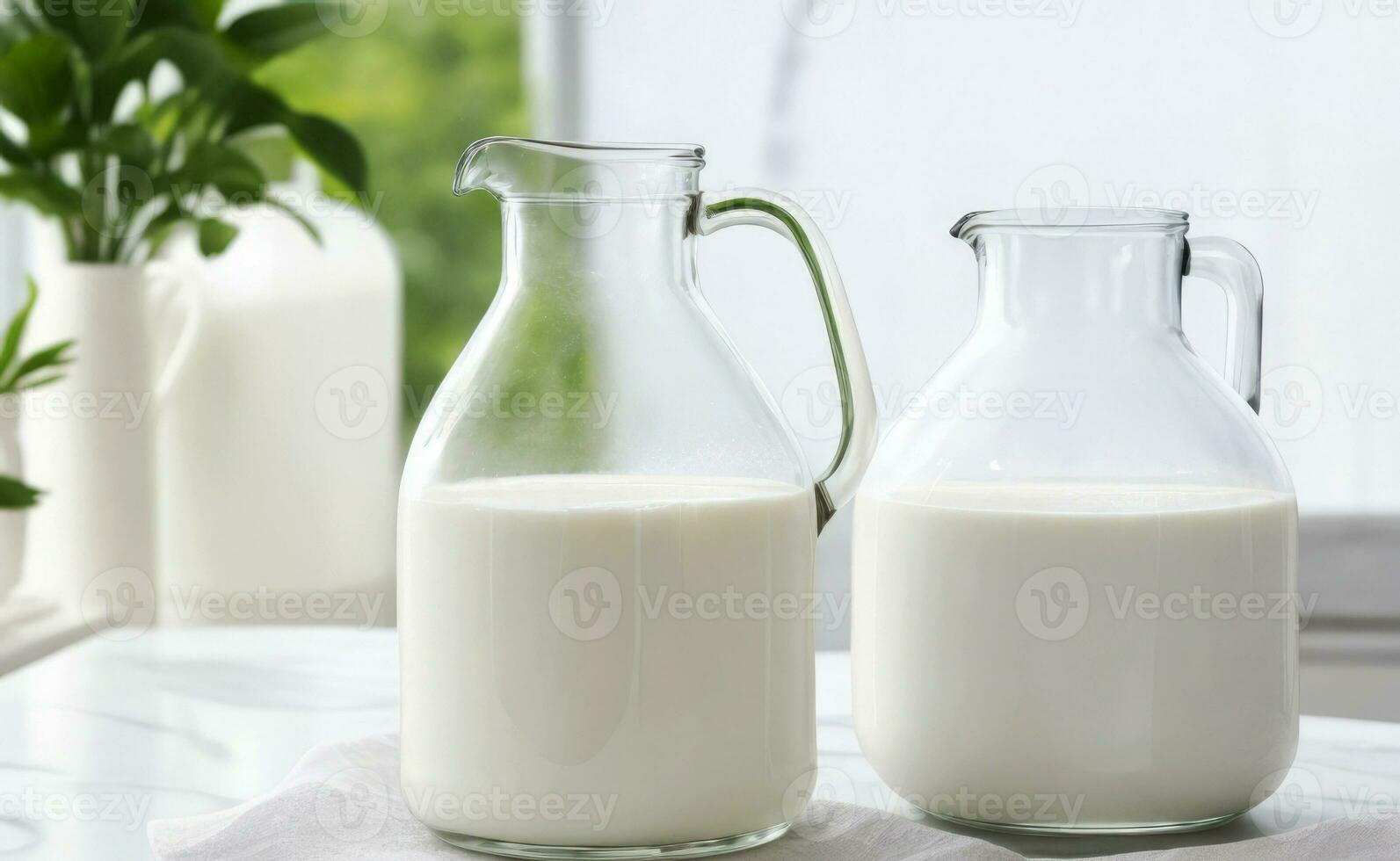 AI generated glass jug with milk on the window of the bright kitchen photo
