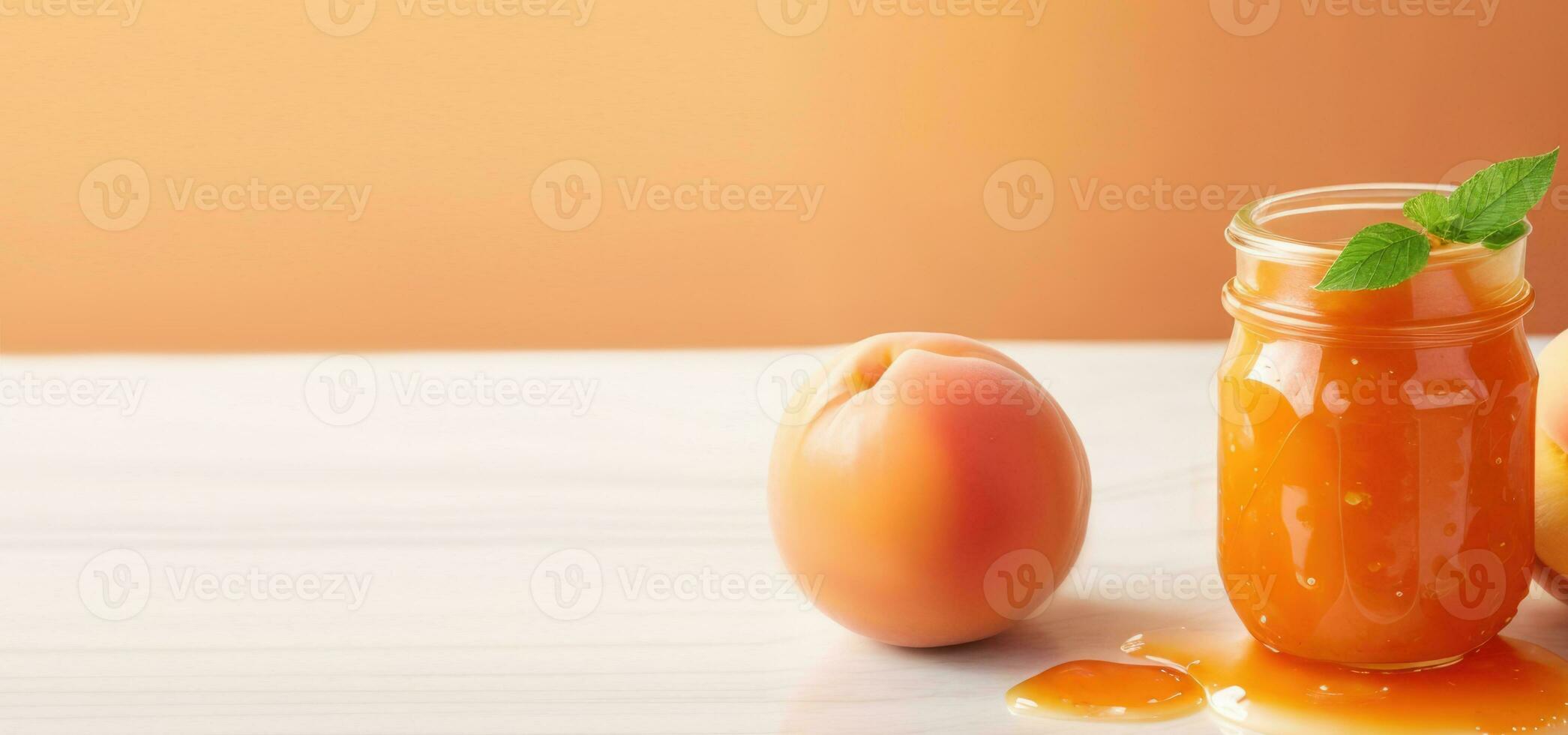AI generated apricot jam in a glass jar, peaches and apricots, poster, banner, place for text photo