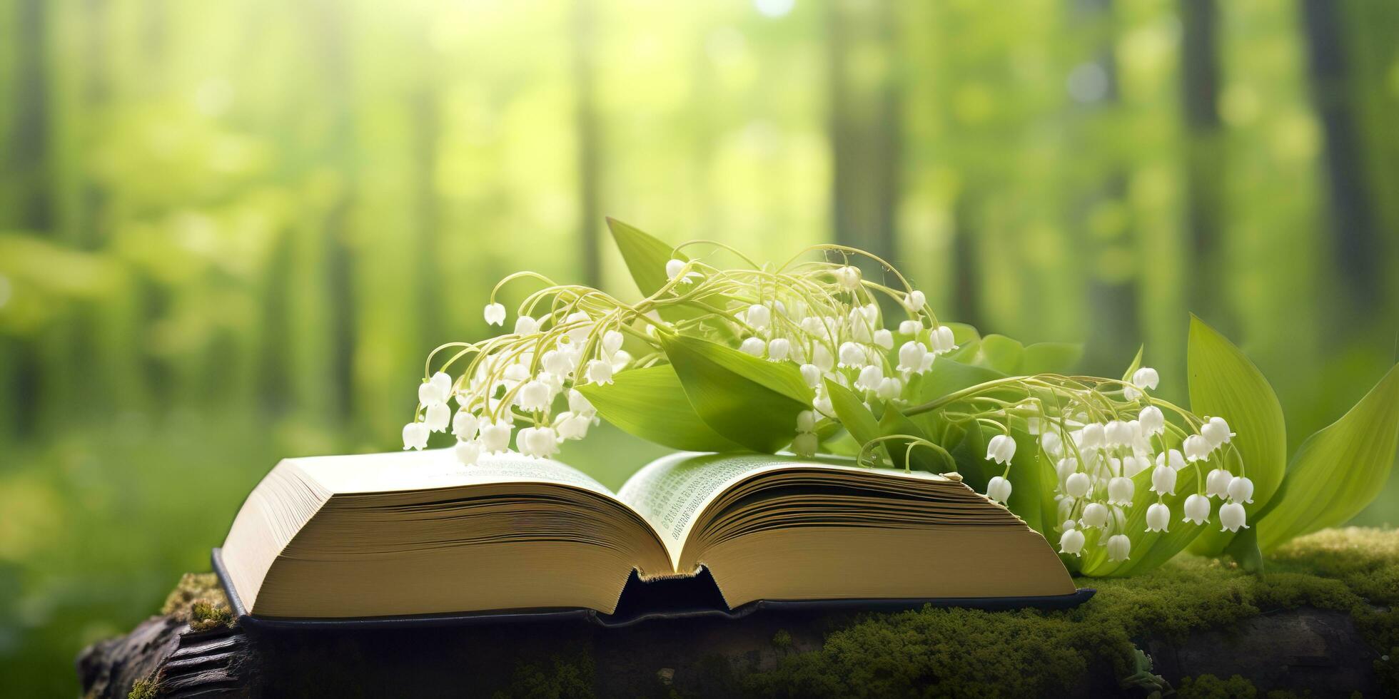AI generated Lily of the Valley flowers and old books in the forest, green natural background. AI Generated photo
