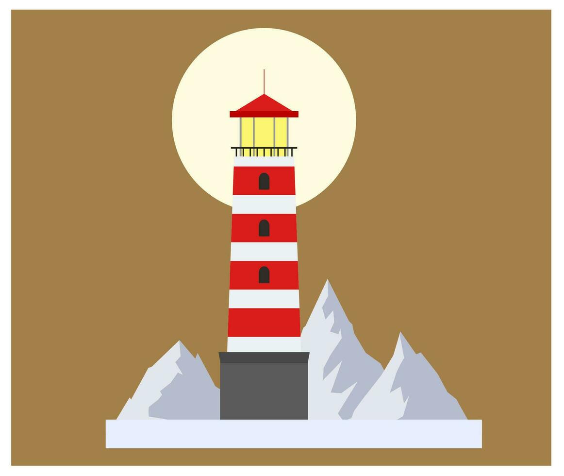 Red Lighthouses. Vector banner of cartoon flat lighthouses. Lighthouse beacon and marine seaside architecture flat style. Floodlight towers. Mountains