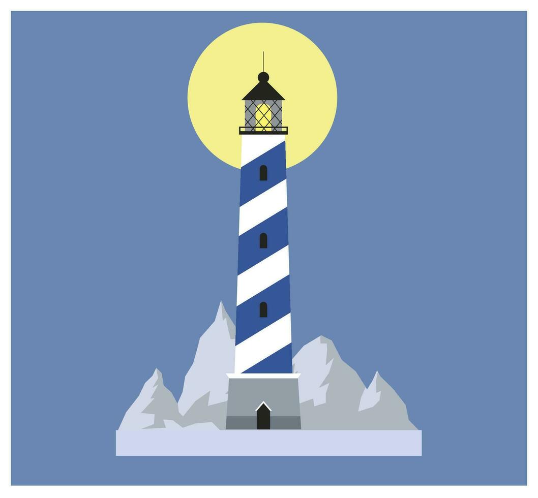 Blue Lighthouses illustration. Vector  striped  flat lighthouse. Lighthouse beacon and marine seaside architecture flat style. Floodlight towers